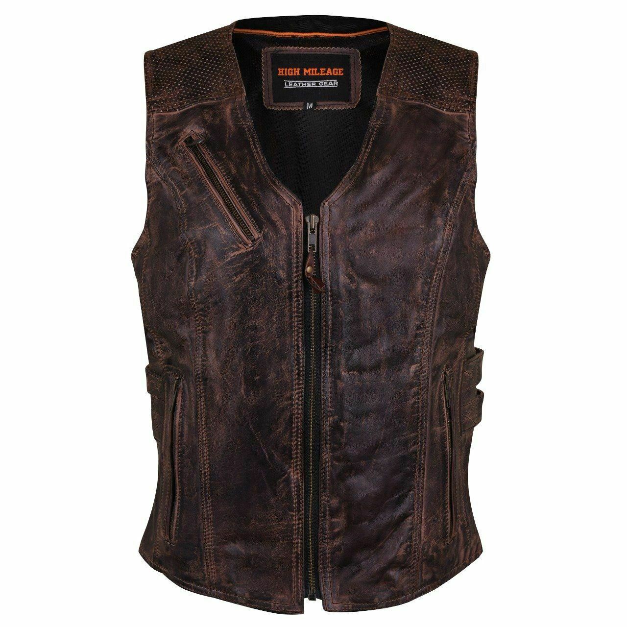Ladies Premium Leather Motorcycle Vest Vintage Brown Concealed Carry