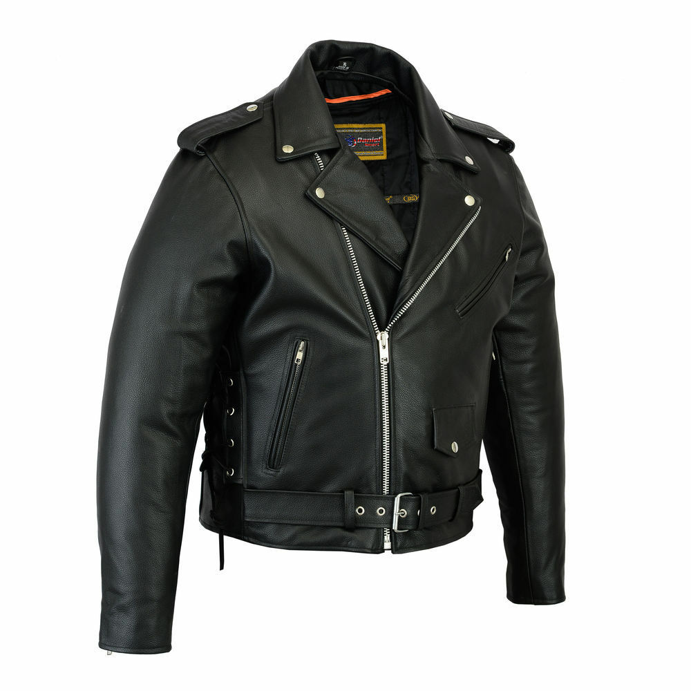Mens Classic Side Lace Police Style MC Style Motorcycle Leather Jacket DS731 323100858004 