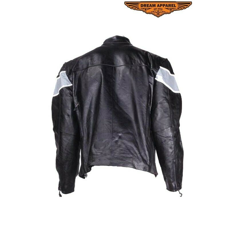 Men's Leather Motorcycle Jacket Silver Racing Stripe Biker Apparel, Motorcycle Helmets Store